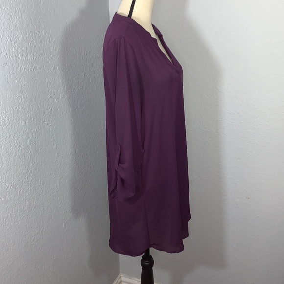 Timing Purple Solid V Neck Roll tab Sleeves Shirt Dress size Medium - Picture 2 of 12